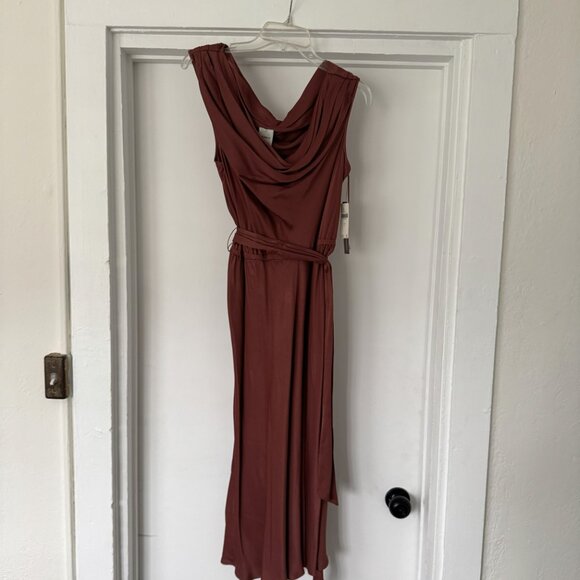 Maeve Asymmetric Tie-Waist Satin Midi Dress - Size L - Pink/Rose - Picture 3 of 6